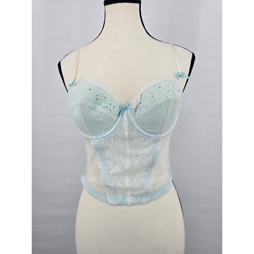 Victoria's Secret I Do‎ Bridal Lace Rhinestone Bustier Corset Top Light Blue 36B